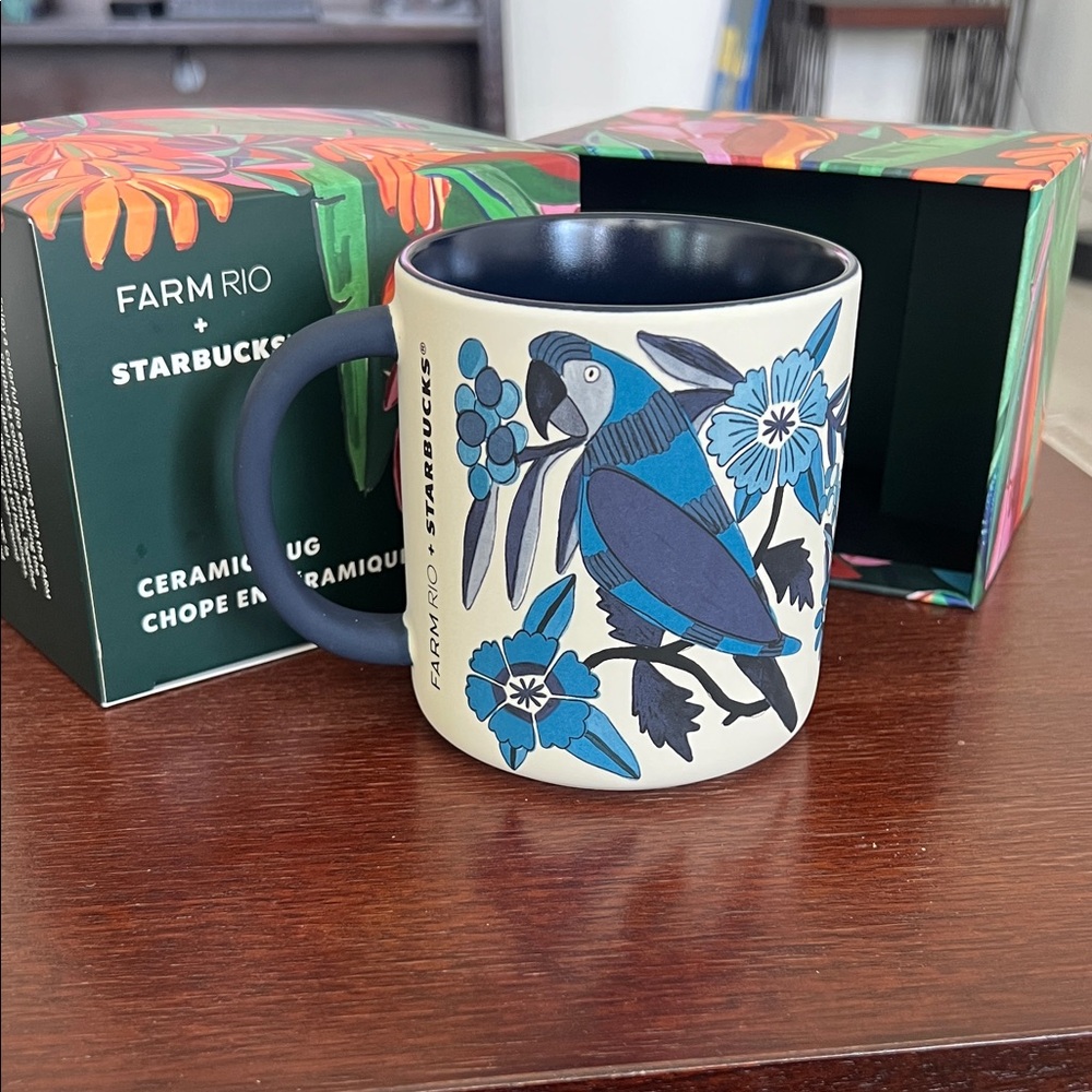 FARM Rio Starbucks Ceramic Mug with Blue Bird and Floral Design NIB